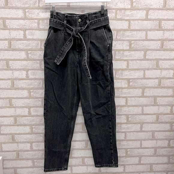 Topshop Denim - TopShop Paper Bag Black Wash Mom Jeans 26 Tie Waist